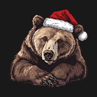 Grizzly Bear With Christmas Hat - Grizzly Bear Christmas T-Shirt