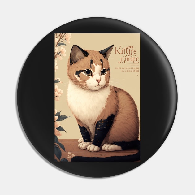 brown and white cat - Japanese style Pin by KoolArtDistrict