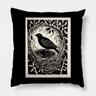 Crow Bird In Nest Nature Retro Linocut Pillow