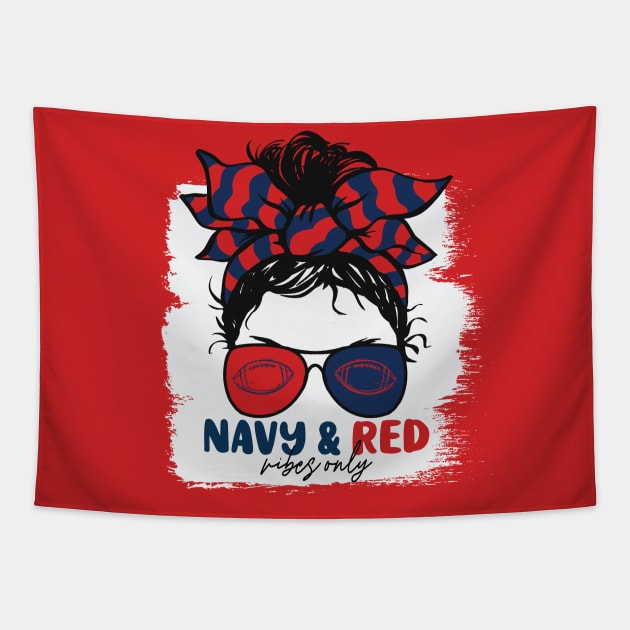 Navy and Red Vibes Only Football Mom Messy Hair Gameday Tapestry by SLAG_Creative