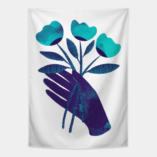 Dark purple blue hand with turquoise flowers for you Tapestry