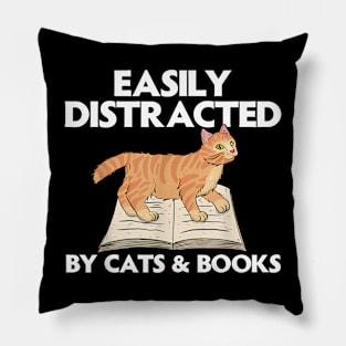 Easily Distracted By Cats And Books Art For Men Women Pillow