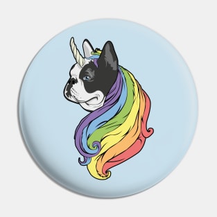 Frenchie with Rainbow mane and unicorn horn Pin