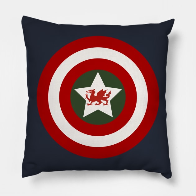 Captain Cymru, Welsh shield Pillow by Teessential