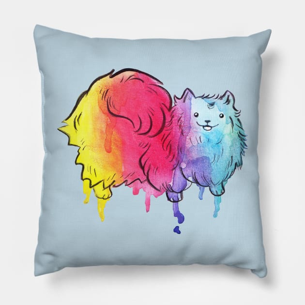 Rainbow Watercolor Drip Pomeranian Pillow by saradaboru