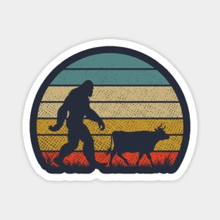 Bigfoot Walking With Cow Vintage Retro Sunset Funny Hiking Magnet