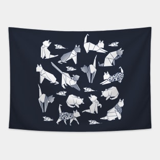 Origami kitten friends // blue navy background paper cats Tapestry