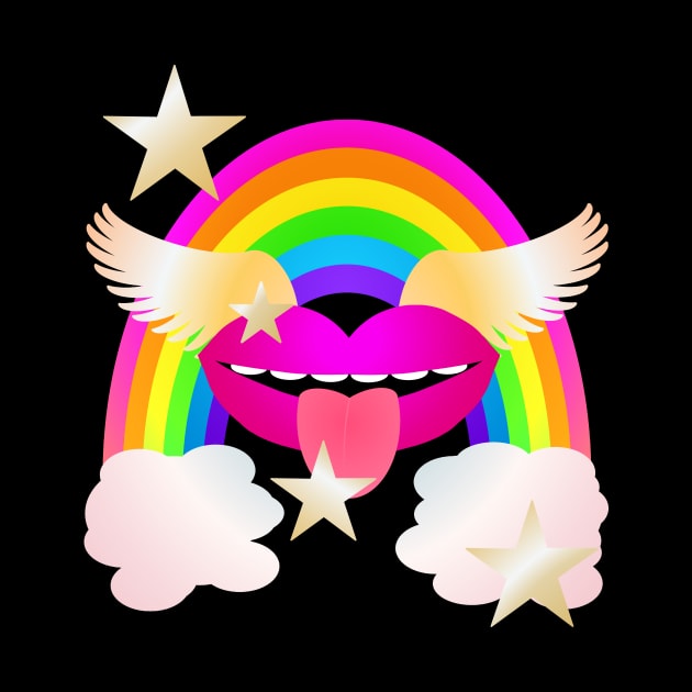 Groovy Winged Lips, Rainbow and Stars - PINK by RawSunArt