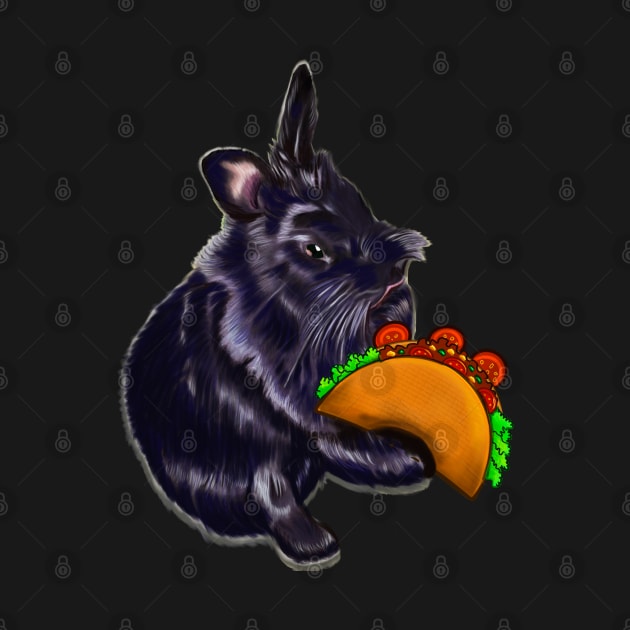 Cute kawaii Ebony colored lionhead bunny rabbit eating a taco. Celebrate Fiesta Cinco De Mayo taco themed by Artonmytee