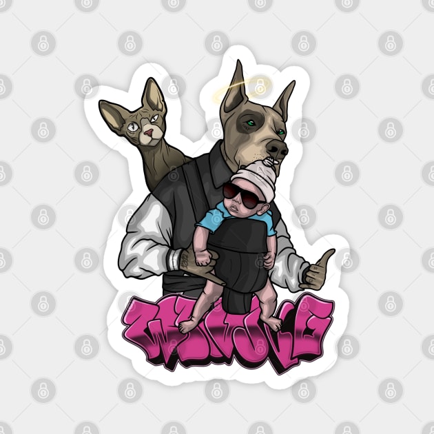 Crazy Dog with Baby and Cat behind Magnet by Wrongteeshirt