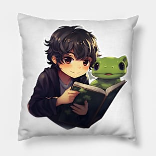 Anime Frog Boy Reading Sticker Pillow