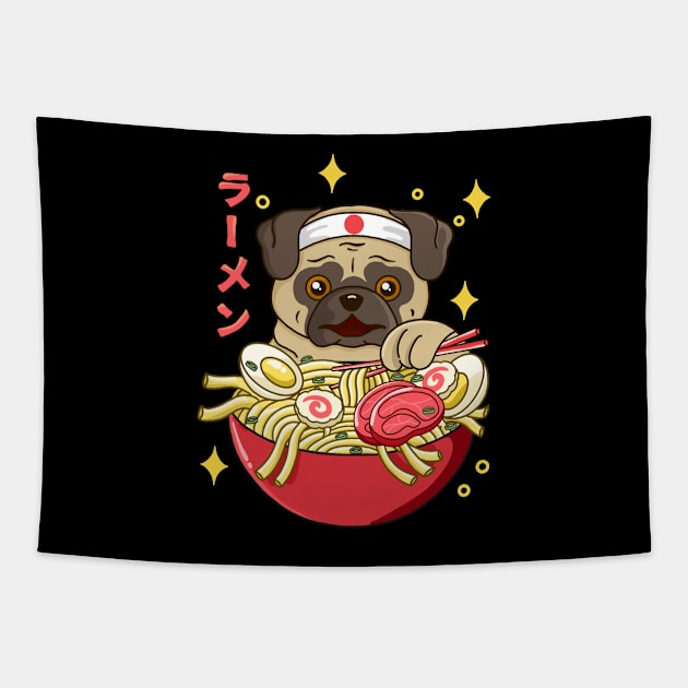 Kawaii Pug Ramen Tapestry by Kimprut