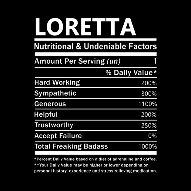 Loretta Name T Shirt - Loretta Nutritional and Undeniable Name Factors Gift Item Tee by nikitak4um