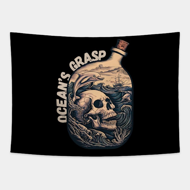 Skull Swimming Beneath Undulating Waves - Ocean’s Grasp Tapestry by Nightmare Tee