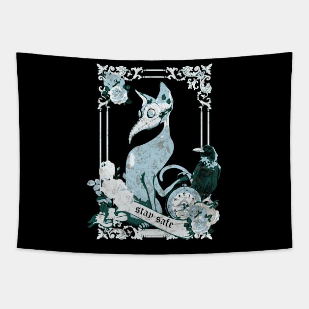 Cat Plague Doctor Say  "stay safe" blue Tapestry by Collagedream