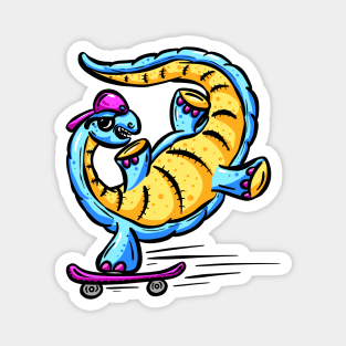 Skateboarding Diplodocus Dinosaur Cartoon Character Logo Mascot Magnet