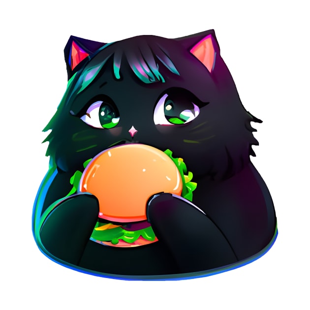 Black Fat cat eating burger by Meowsiful