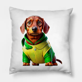 The Golden Wonder: Dachshund in a Gold and Green Scaled Suit Pillow