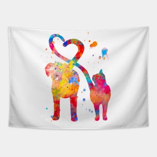 Cat and Dog With Heart Tails Watercolor Painting Tapestry