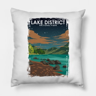 Lake District National Park Vintage Minimal Retro Travel Poster at Night Pillow