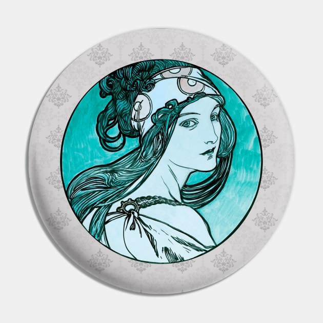 Alphonse Mucha Girl with a Twist mug,coffee mug,t-shirt,pin,tapestry,notebook,tote,phone cover,pillow Pin by All Thumbs