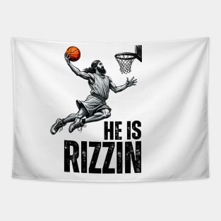 Funny Jesus Playing Basketball He is Rizzin' Tapestry