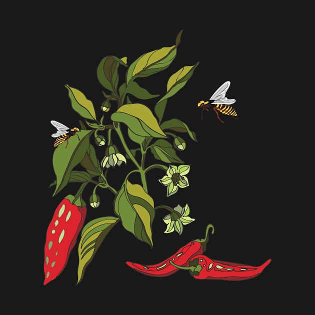 Botanical illustration of the plant Cayenne pepper and wasps by EEVLADA