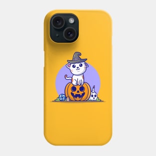 Cute Witch Cat Sitting Pumpkin Halloween Cartoon Vector Icon Illustration Phone Case