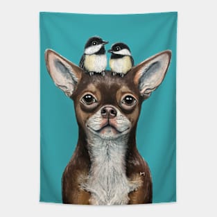 "Chihuahua & Chickadees" - Topped Dogs collection Tapestry