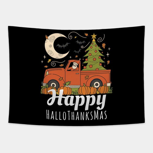 Happy HalloThanksMas Santa in Red Christmas Truck Bats Moon Tapestry by Little Duck Designs