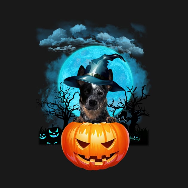 Blue Heeler Witch Hat Pumpkin And Blue Moon Halloween by Tagliarini Kristi