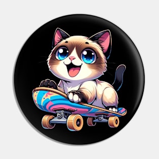 Skateboarding Siamese Kitten Skateboarder Cute Cat Pin