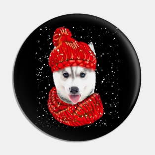 Husky Wearing Red Hat And Scarf In Snow Christmas Pin