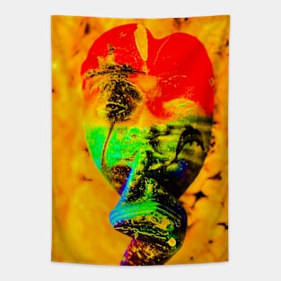 A red green Bali face mask on yellow Tapestry