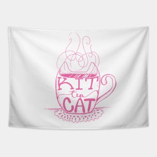 Kitty Cat - Tea Lover Lettering Art - Visual Pun - Mug - Light Pink Line Art Tapestry