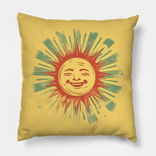 Retro smiling sun illustration Pillow by bigmomentsdesign