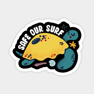 Safe our Surf quote with cute sea animal turtle, starfish, coral and shell Magnet