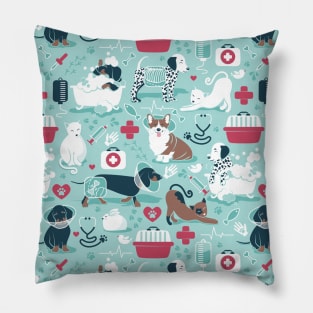 Veterinary medicine, happy and healthy friends // pattern // aqua background red details navy blue white and brown cats dogs and other animals Pillow