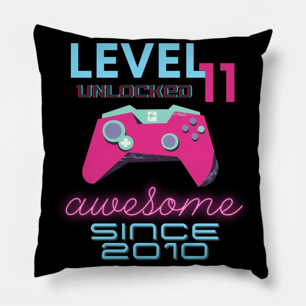 Level 11 Unlocked Awesome 2010 Video Gamer Pillow by Fabled Rags 