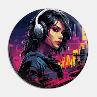 Cyberpunk Neon Woman in Headphones listening to music Pin