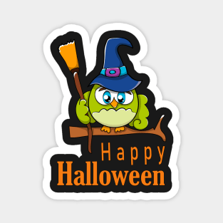 Funny Baby Owl in Witch Hat and Broomstick - Happy Halloween Magnet