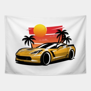 Yellow Corvette Z06 Sunset Palms Tapestry