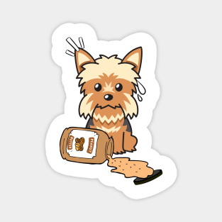 Cute Yorkshire Terrier spilled a jar of peanut butter Magnet