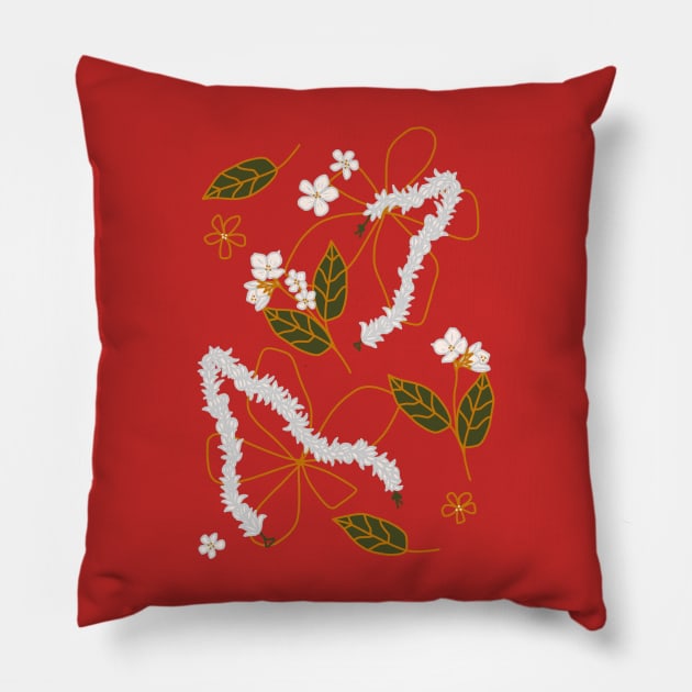 South Asian Jasmine Flower Hair Garland Gajra Pattern On Red Background Pillow by panco