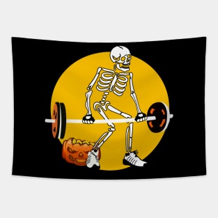 Skeleton Weight lifting Pumpkin Funny Halloween Tapestry