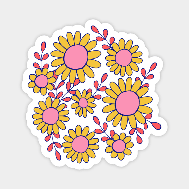 Retro 70s daisy flowers botanical design in blue, pink and yellow Magnet by Natalisa