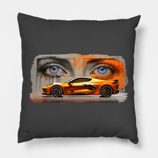 Amplify Orange C8 Corvette Stingray Sebring Orange Supercar in front of a wall of graffiti with blue eyes looking back at you Sports car American Muscle car race car Pillow