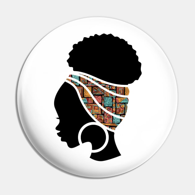 Afro Hair Woman with African Pattern Headwrap Pin by dukito