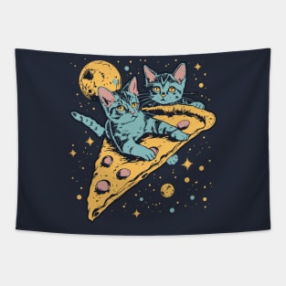 Retro futuristic cats on pizzas in space Tapestry