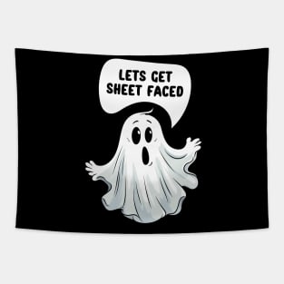 Let's Get Sheet Faced - Funny Halloween Ghost Pun, Beer Pun, Halloween Party, Funny Quote Tapestry